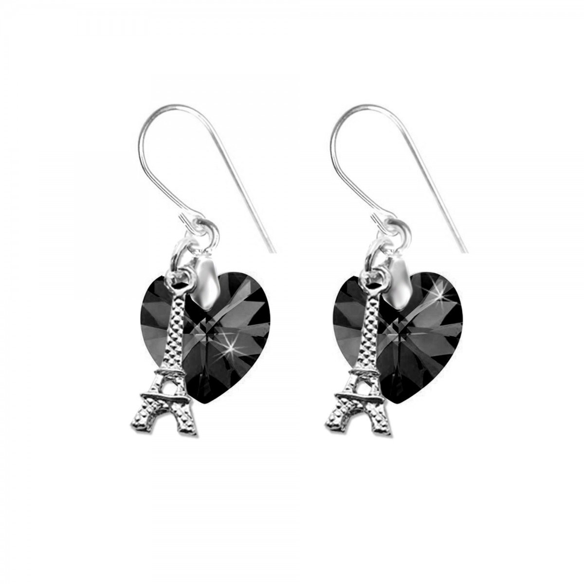 Boucles d'oreilles coeur noir et Tour Eiffel SC Crystal orné de Cristaux scintillants
