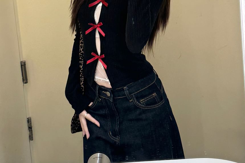 Shinsei - V-hals doorschijnende kanten crop top / gebreide top met lange mouwen en ronde hals en strikaccenten