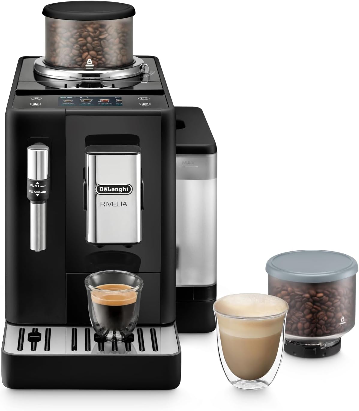 De'Longhi Rivelia EXAM440.35.B, Machine À Café Grain Automatique, Grains Fraîchement Moulus, Bac à Grains Interchangeable, Buse Vapeur Lait Classique, 8 Recettes, Écran Tactile Couleur, Noir