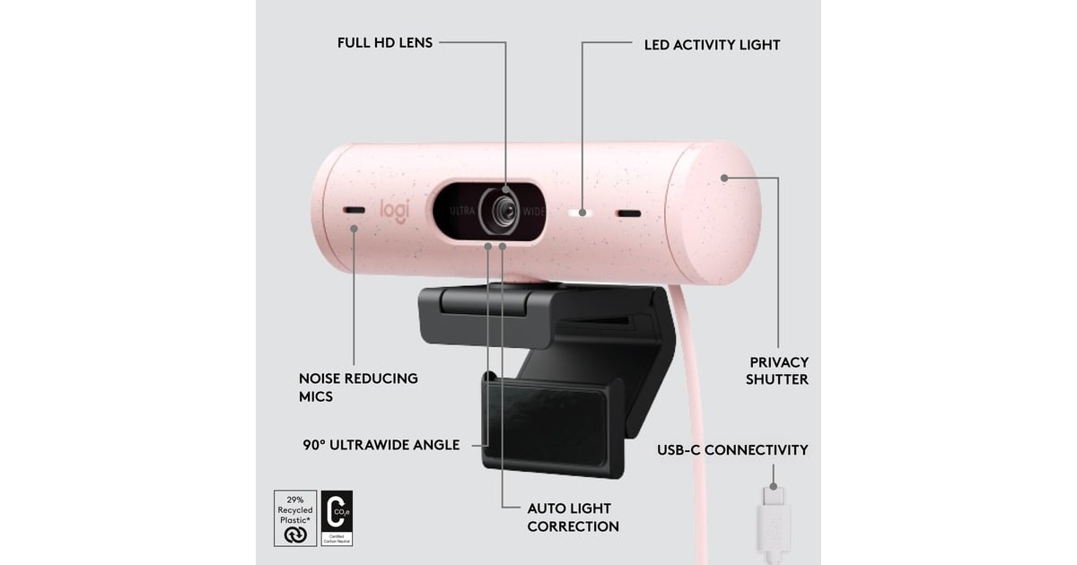 LogitechBrio 500 Full HD Webcam  (Roze/zwart, 1080p/30fps, 720p/60fps)