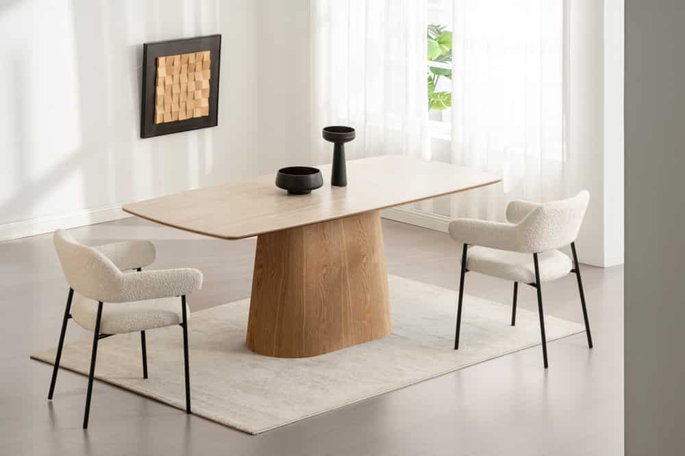 Design Esstisch UNIQUE 200cm natur braun Travertin Keramik Eichenholz Säulenfuß