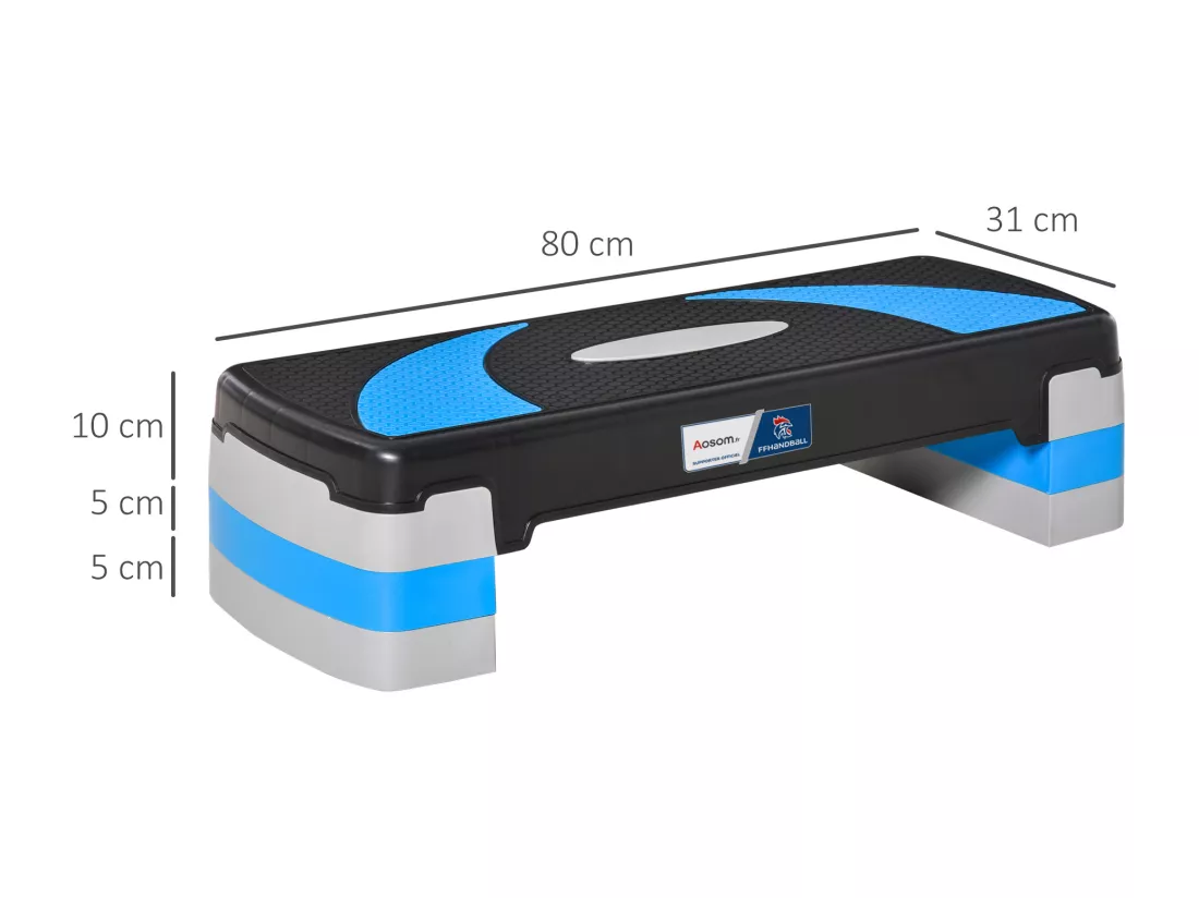 Stepper fitness aerobic - collaboration Aosom.fr x FFHandball - hauteur reglable surface antiderapante - noir bleu