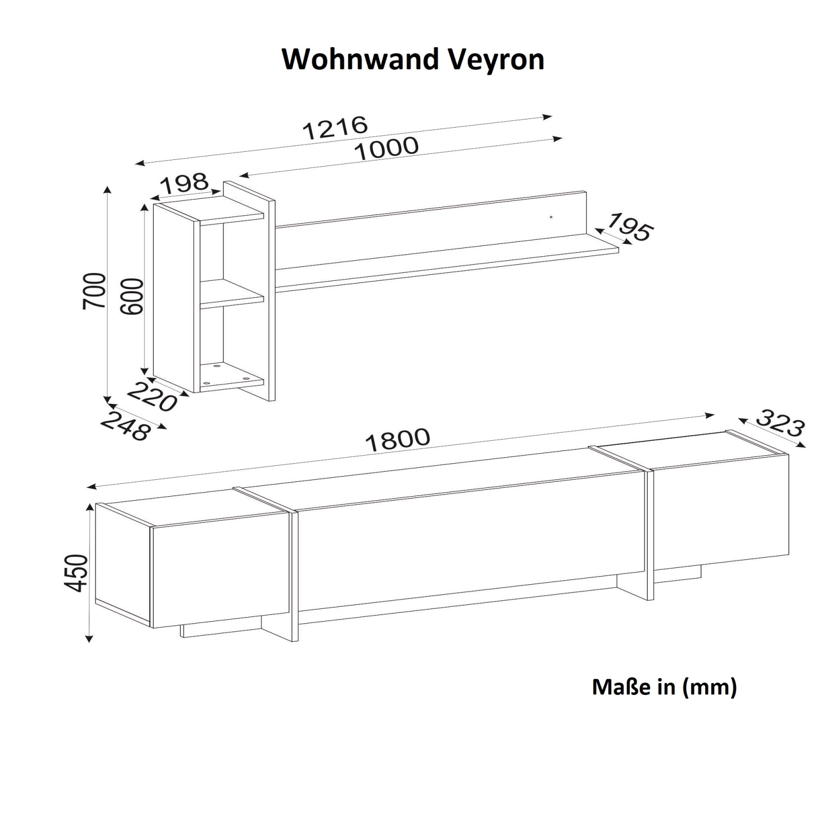 2-teilige Wohnwand - Marmor-Optik - braun - 180 cm