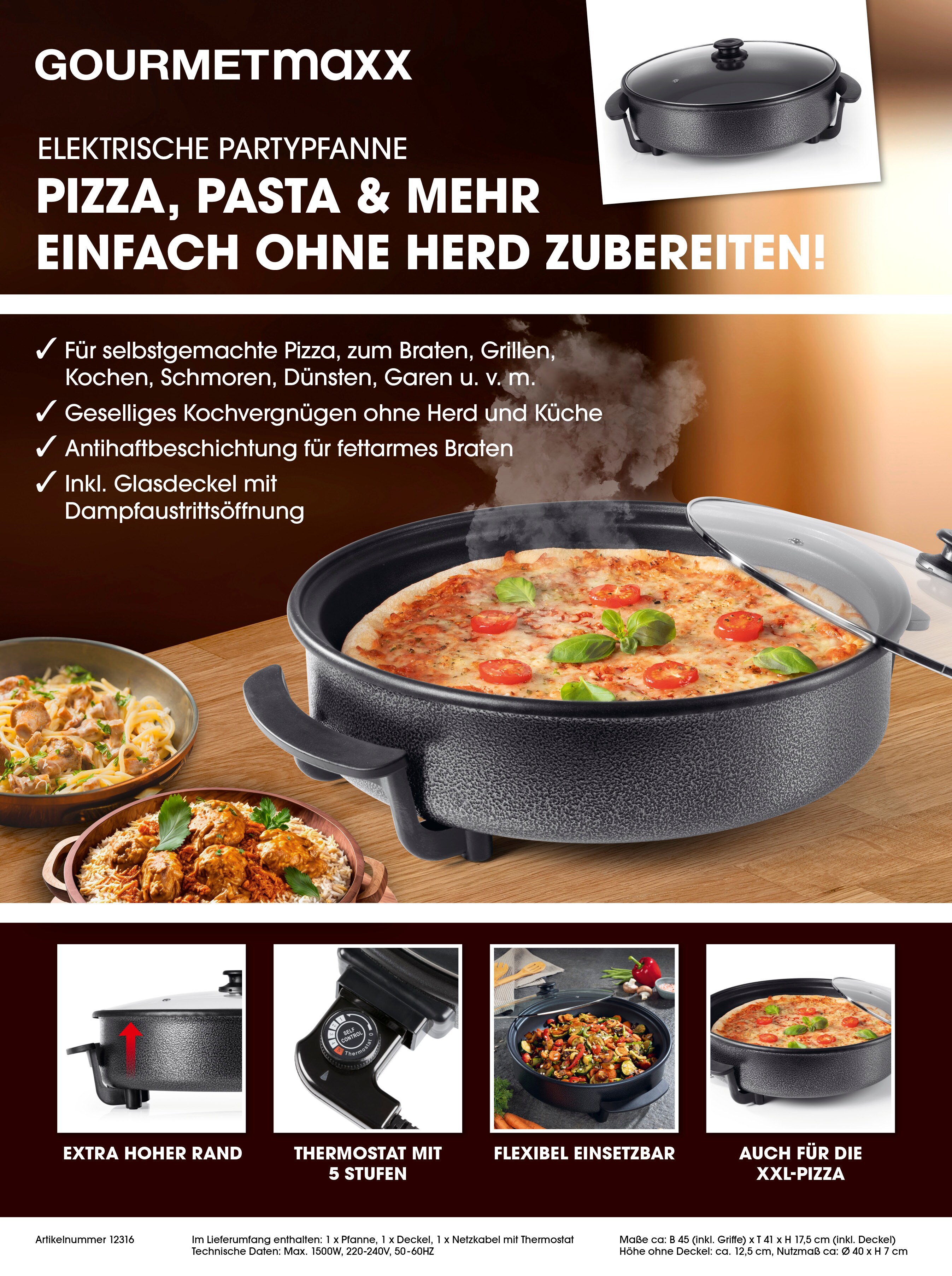 GOURMETmaxx Pizza-Pfanne elektrisch 1500W schwarz
