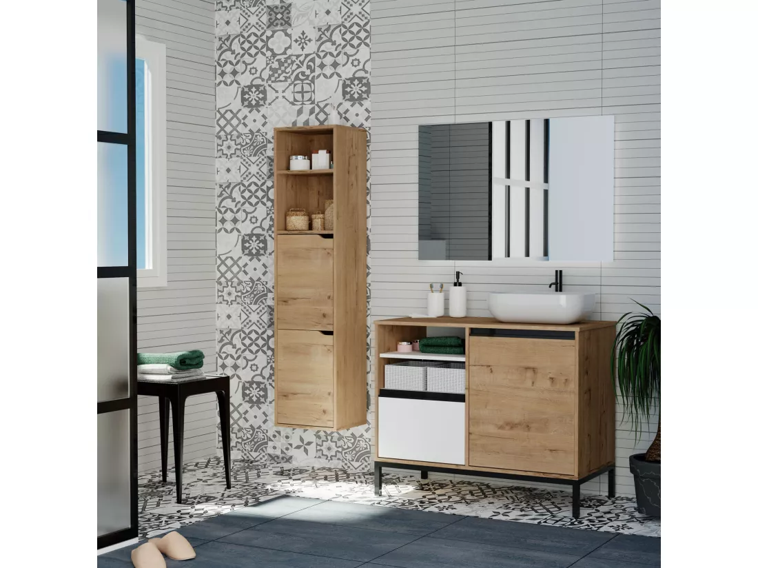 Colonne SDB coloris chêne doré - Hauteur 150 x Longueur 36 x Profondeur 30 cm