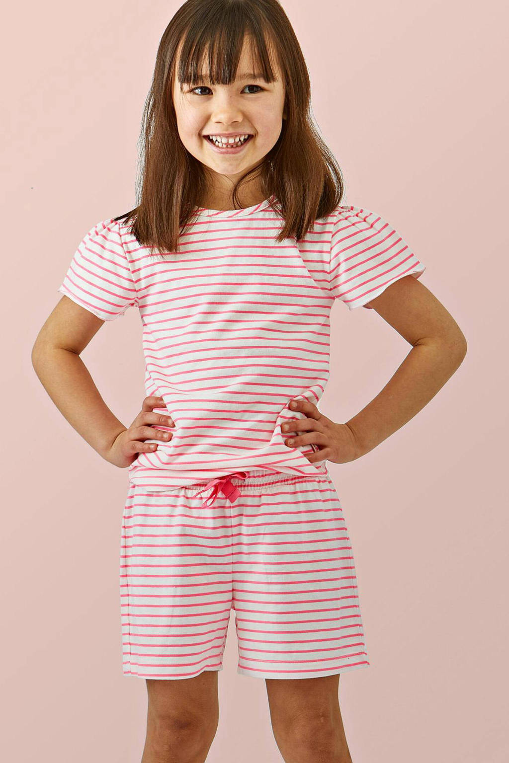 Little Label gestreepte shortama van katoen roze/wit