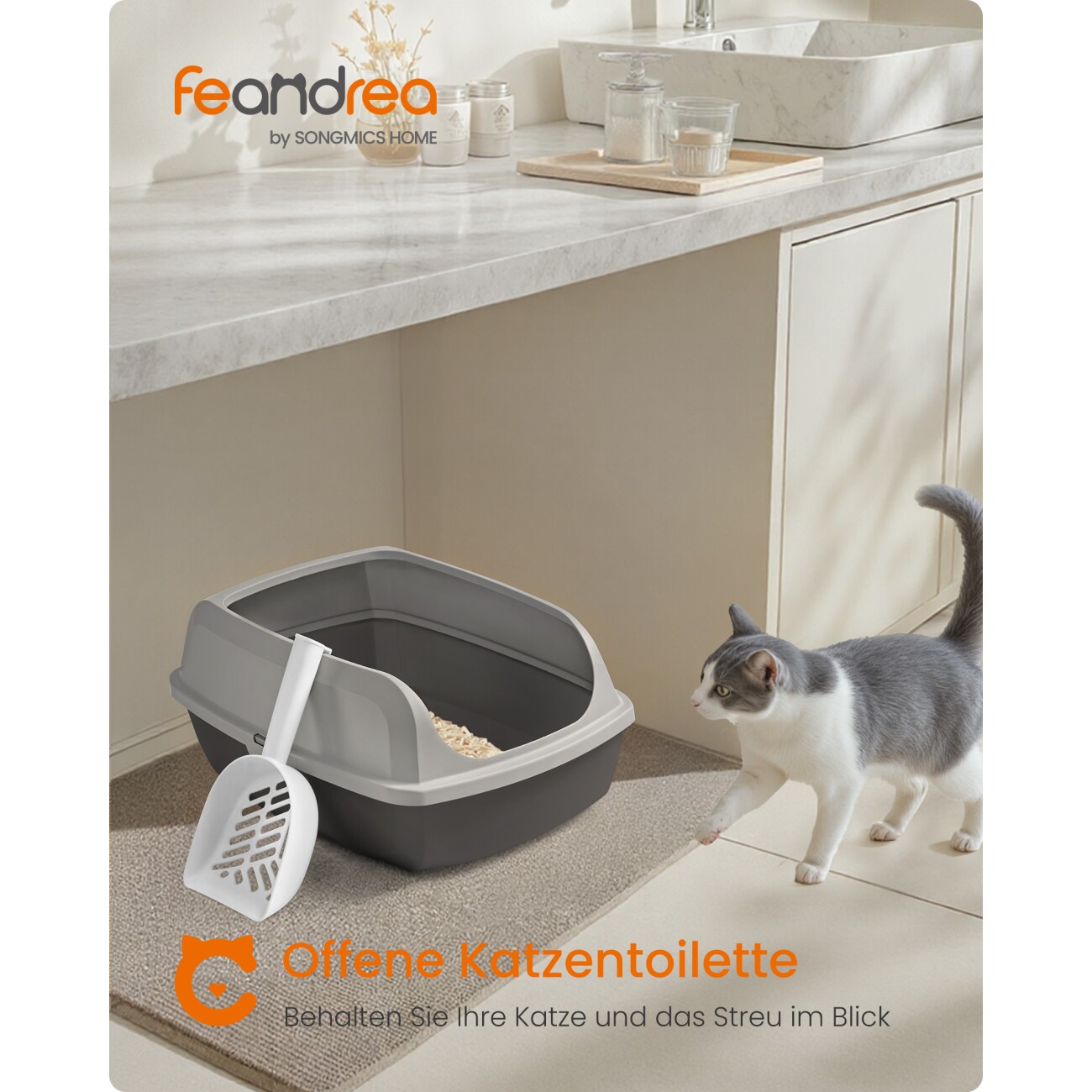 FEANDREA Katzenklo mit hohen Seitenwänden, offene Katzentoilette, mit Schaufel