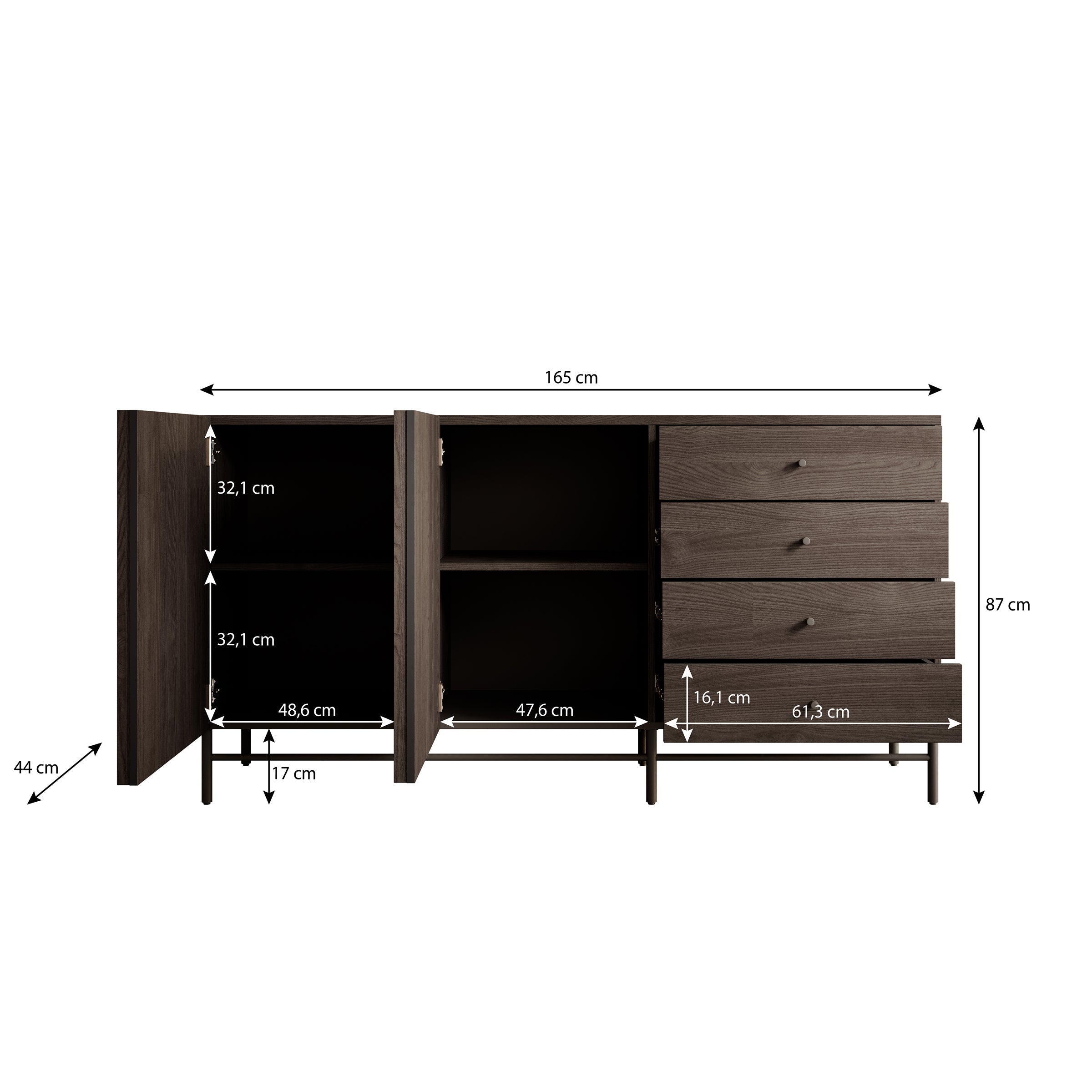 Meubella - Dressoir Paz - Donker eiken - 165 cm
