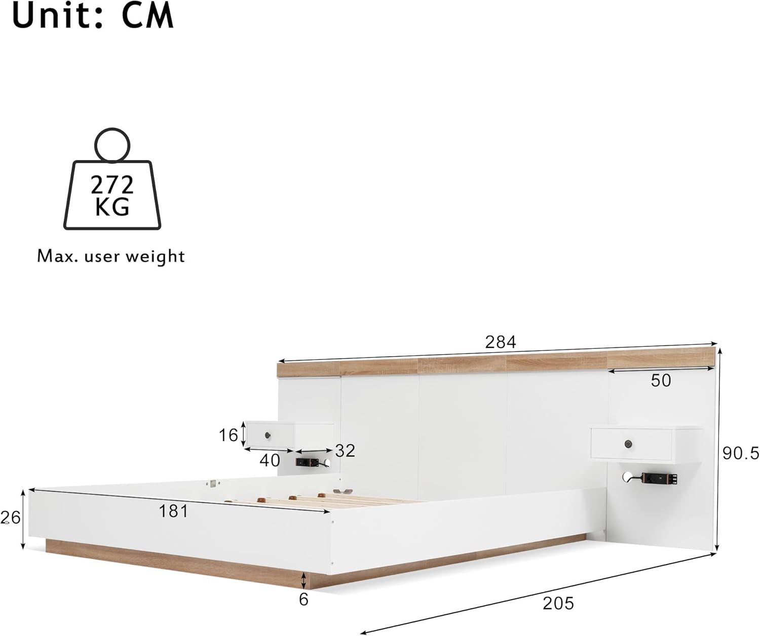 Doppelbett 180x200 cm, integriertes Kopfteil mit 2 LED Nachtkommoden und USB Ladefunktion, Holzbett Bettanlage mit Lattenrost, Funktionsbetten Rückenlehne Bettgestell, Ohne Matratze, Weiß+Eiche SF6772142