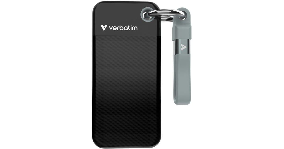 VerbatimPocket 1 TB externe SSD  (Zwart/grijs, USB-C 3.2 Gen 2 (10 Gbit/s), Incl. met sleutelhanger en kabelbevestiging)