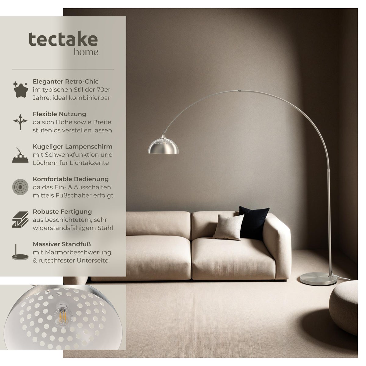 tectake Arcus booglamp, jaren 70 retrostijl, hoogte verstelbaar 187 - 206 cm