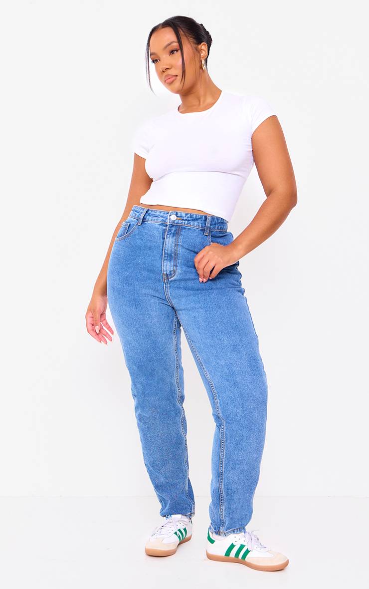Mid Blue Wash Jean Mom Délavé Taille Mi-haute Grande Taille