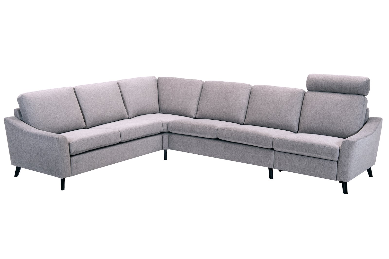 Lona sofa 23 hjørnesofa (129H). Med motorisert fotstøtte på ytterste høyre sete. Tekstil Brego 3595 grey, 70cm brede seter, arm 1 og 2M9K2 sorte ben. SA rygg skum.