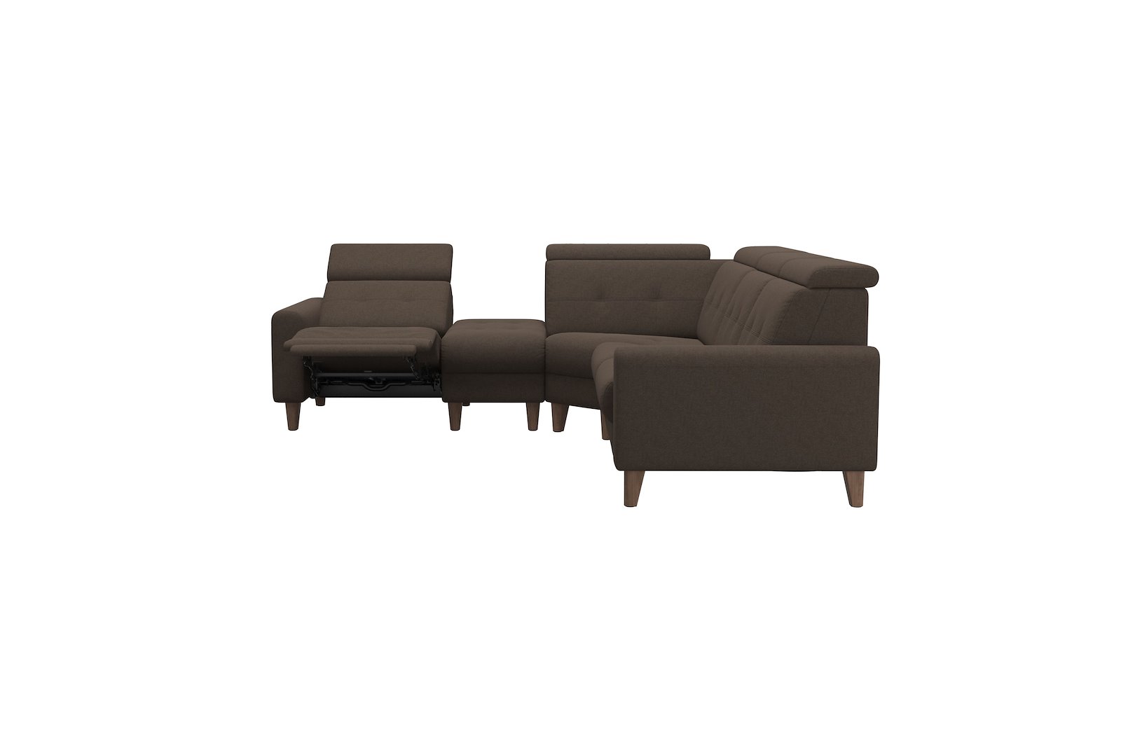 Anna C12 hjørnesofa (PCenterCMM) Tekstil Calido Brown med A1 arm og valnøttbeisede skrå ben, 14 cm. (Power-Center-CornerManual-Manual)