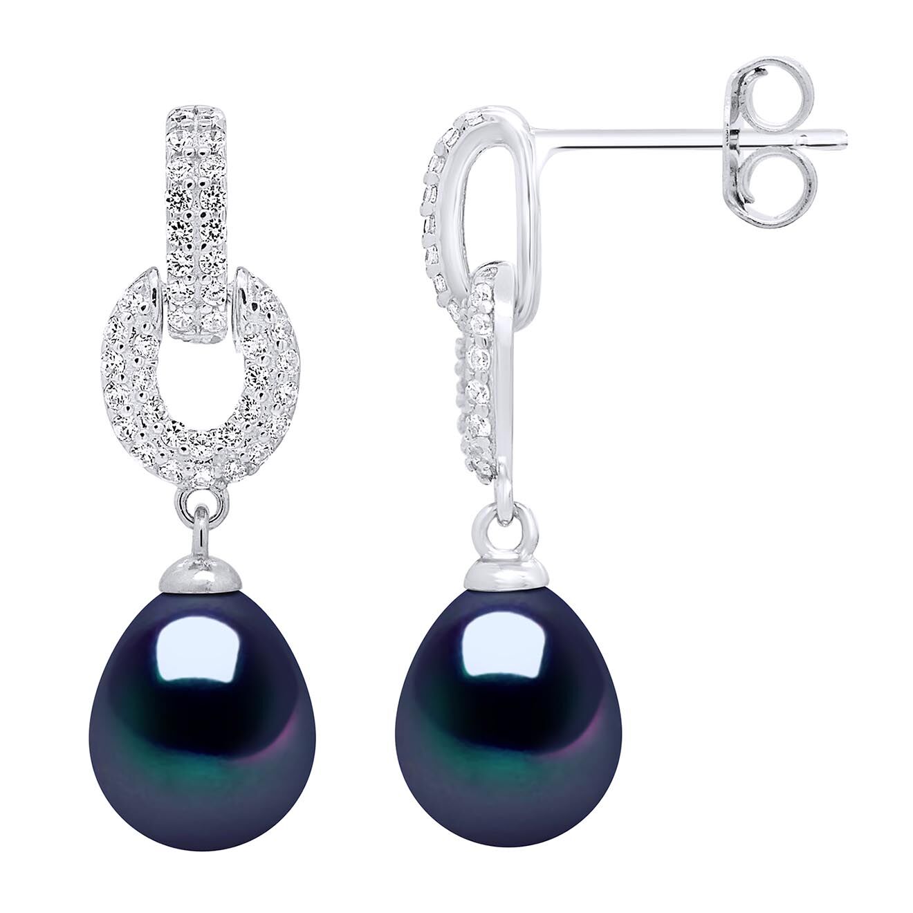 Mitzuko Boucles d'Oreilles Pendantes Argent Rhodié, Zircone & Perles d'Eau Douce poires noires
