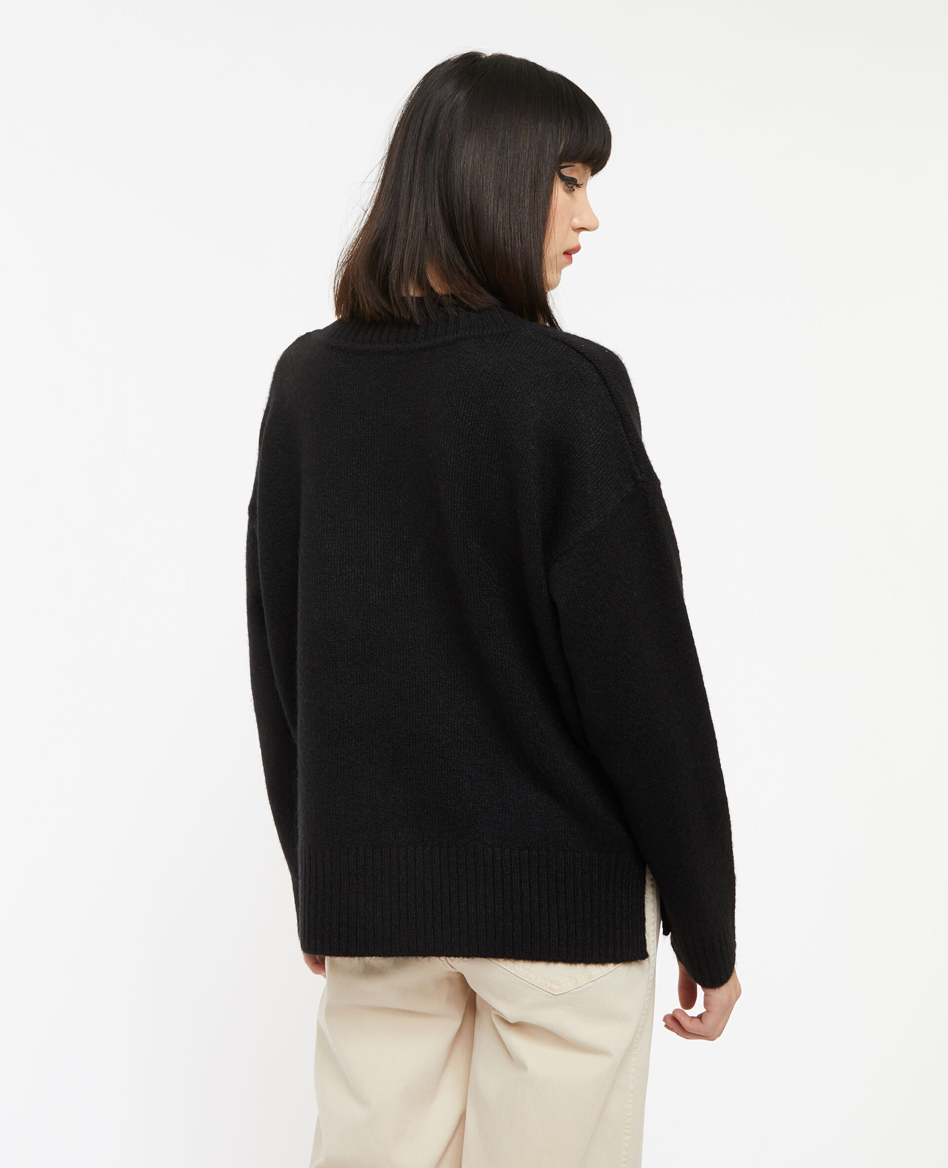 Pull droit avec grand col V - Noir