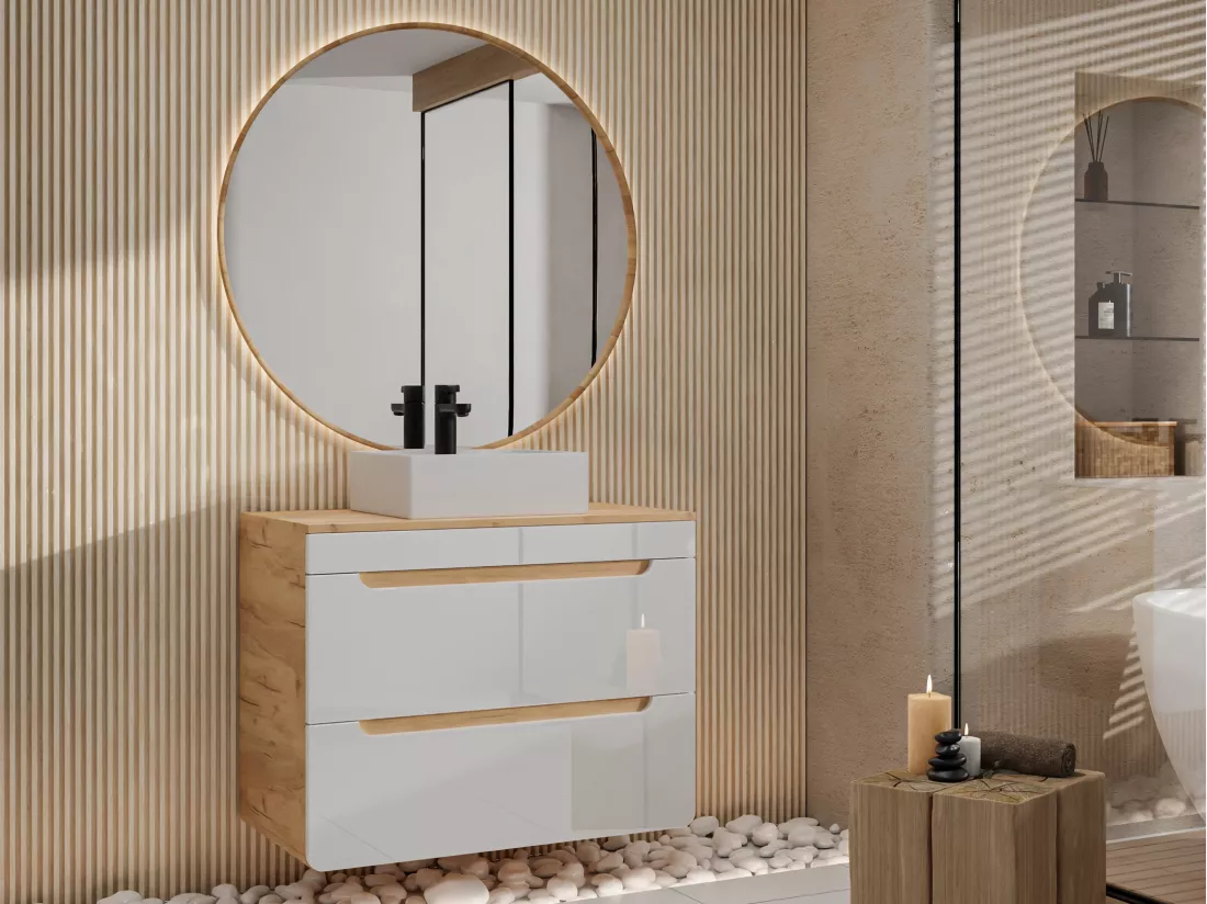 Meuble de salle de bain suspendu avec vasque à poser - Coloris naturel et blanc - 80 cm - ARUBA