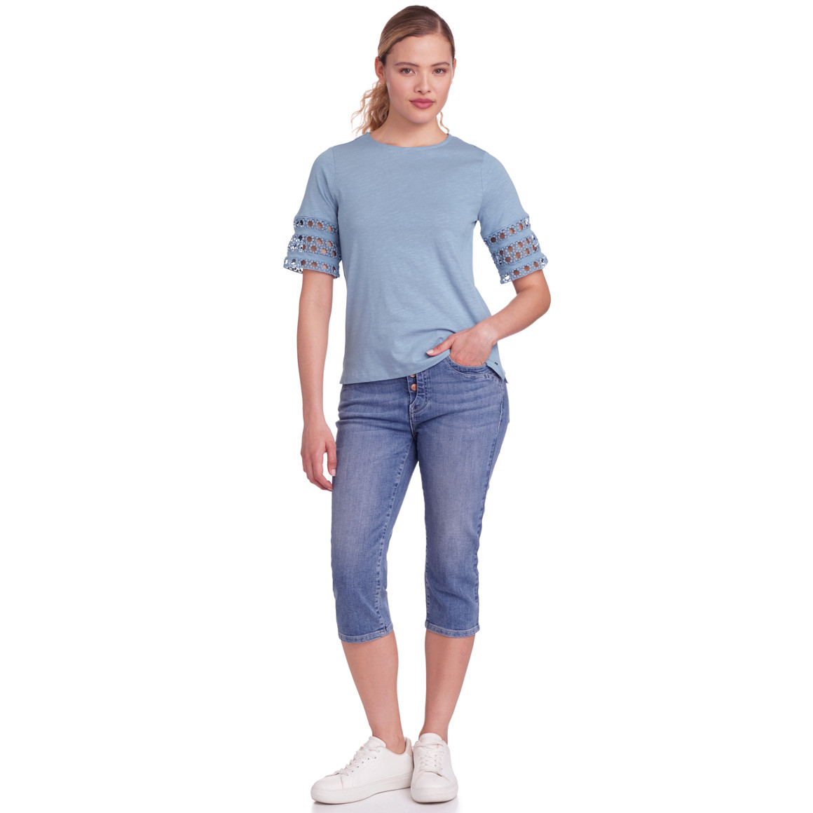 Gina Damen T-Shirt mit Häkelspitze hellblau