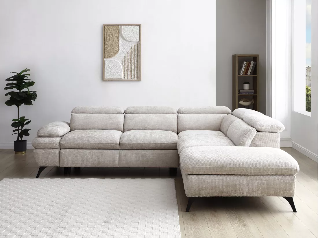 Canapé d'angle droit convertible en tissu texturé beige SURDELI