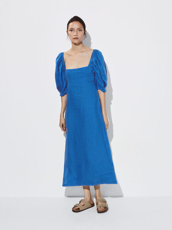 Vestido de linho com mangas bufantes - Azul