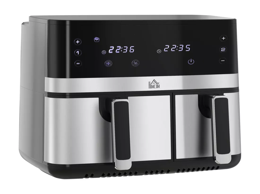 Friteuse à air 2700W - air fryer - double compartiment 8,5L - 8 programmes, température réglable, timer, 2 paniers - noir