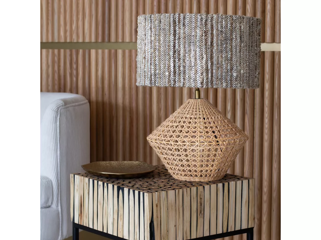 Now's Home - Lampe A Poser En Rotin Naturel Et Tweed Fait Main Ht 48.5cm Lina
