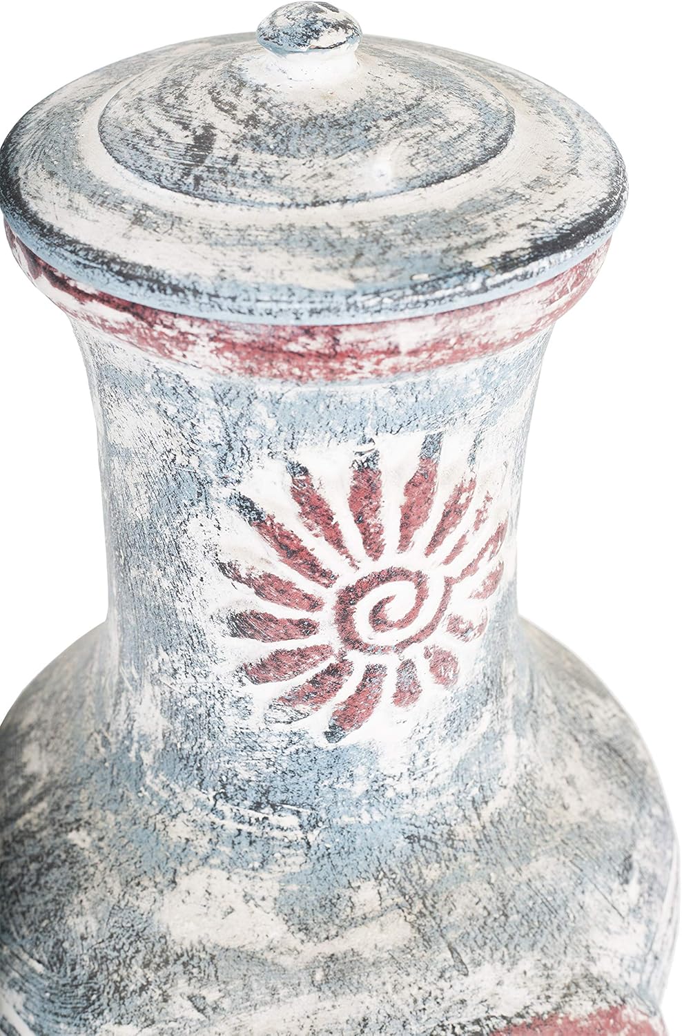 La Hacienda 67034 Swirl Clay Chimenea - Patio Heater - Handmade - Traditional - Log Burner - Sea Blue & Red with Protective Rain Lid and Solid Metal Stand,Medium