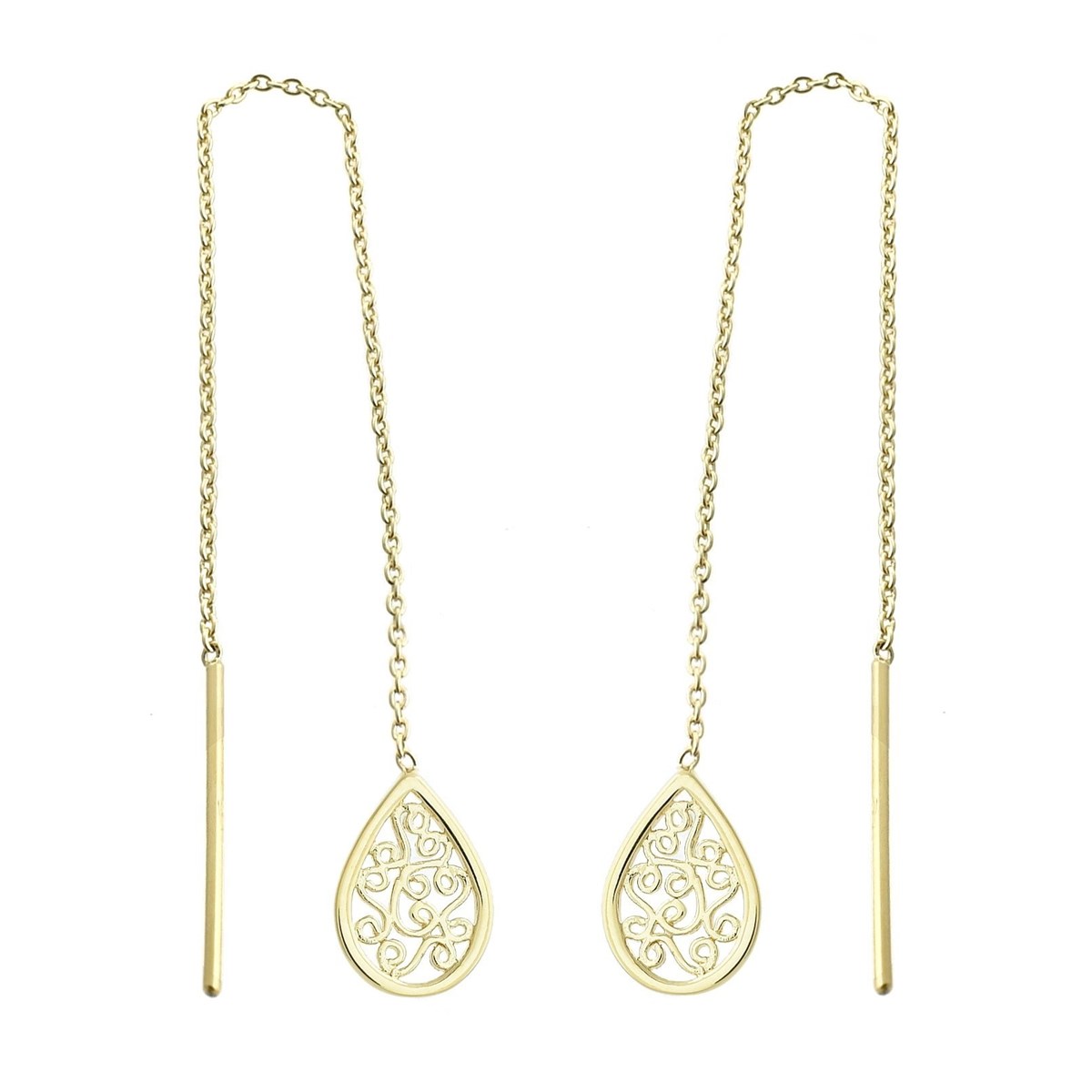 Boucles d'oreilles traversantes goutte arabesque tombante avec chaînette Plaqué OR 750 3 microns