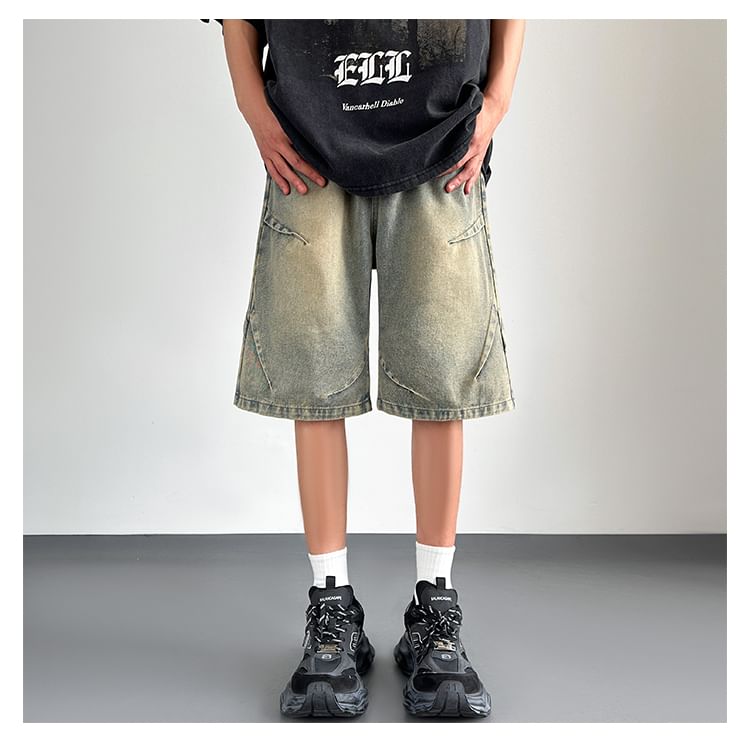 Breeson - Mid Rise Washed Wide Leg Denim Shorts