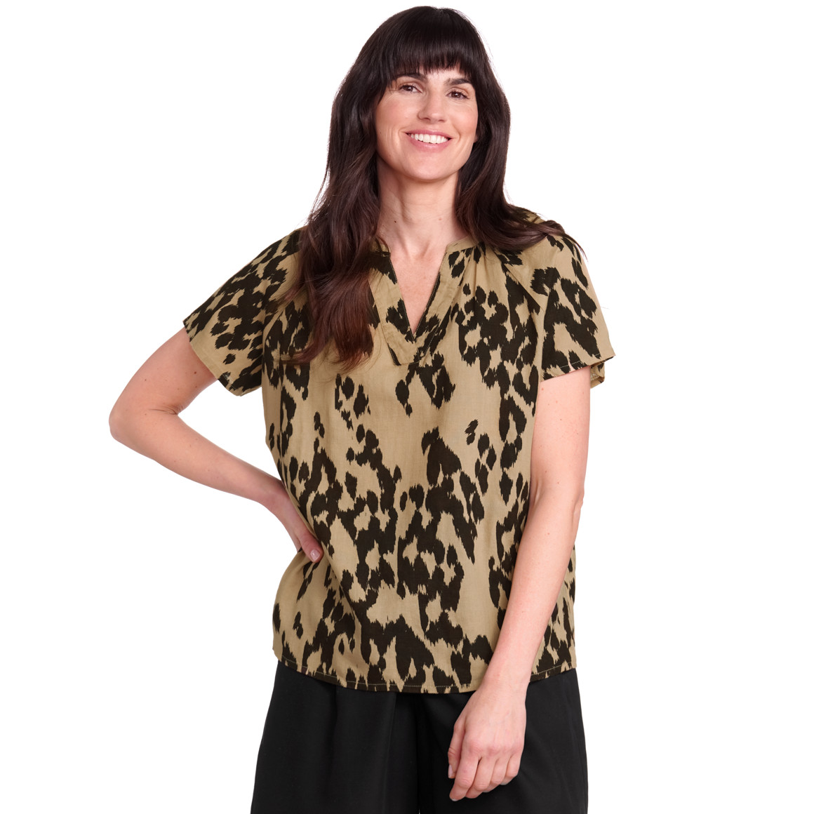 Gina Benotti Damen Leinen-Bluse mit kurzem Stehkragen beige / dunkelbraun
