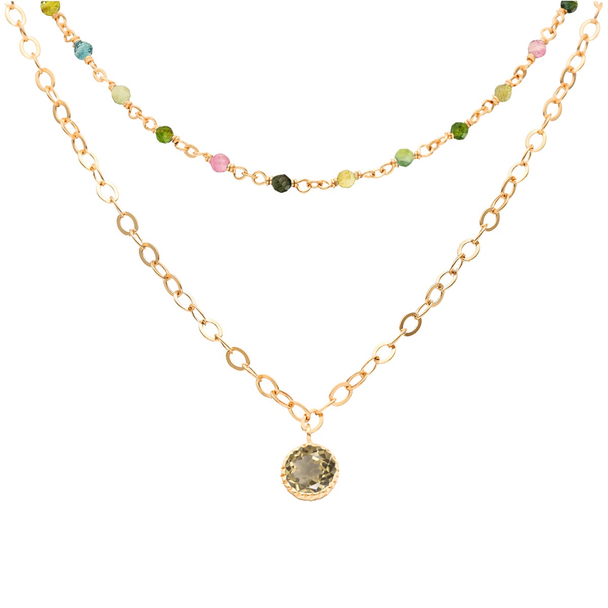 Collier Argent Doré Double Chaine Pampille Et Pierres Tourmaline