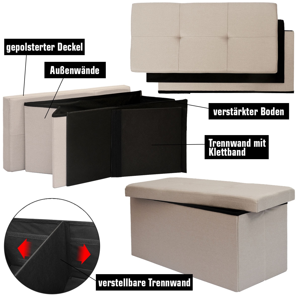 Faltbare Sitzbank 76x38x38 cm inkl. Trennwand Sitztruhe 80L Polsterbank Beige