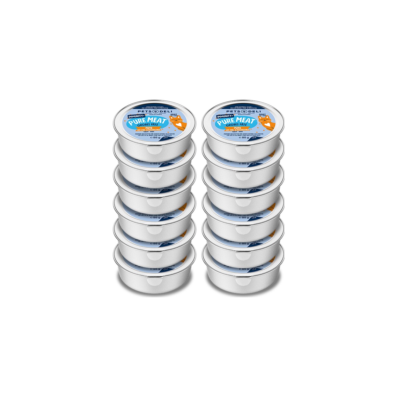 Pets Deli Pure Meat Nassfutter Katze Adult, Immunity+ Pute mit Prä- & Postbiotika 12x85g