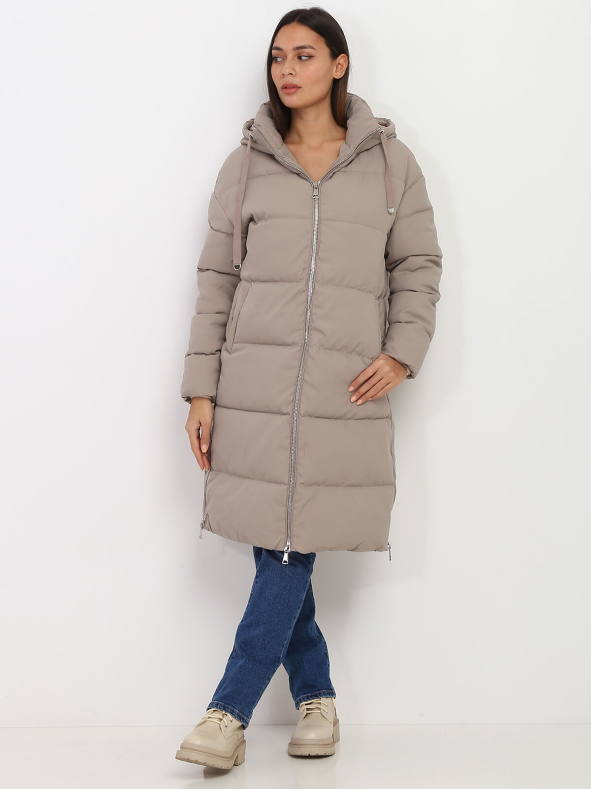 Doudoune oversize à zips- Taupe