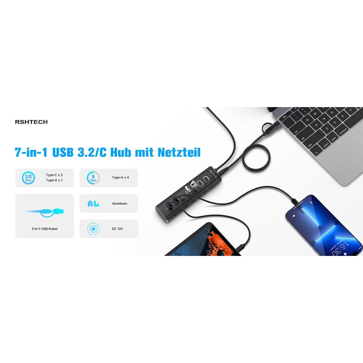 NÖRDIC GEN 3.2 USB-C og USB-A drevet Hubb 7-porter 3x10Gbps 4x5Gbps 1m kabel