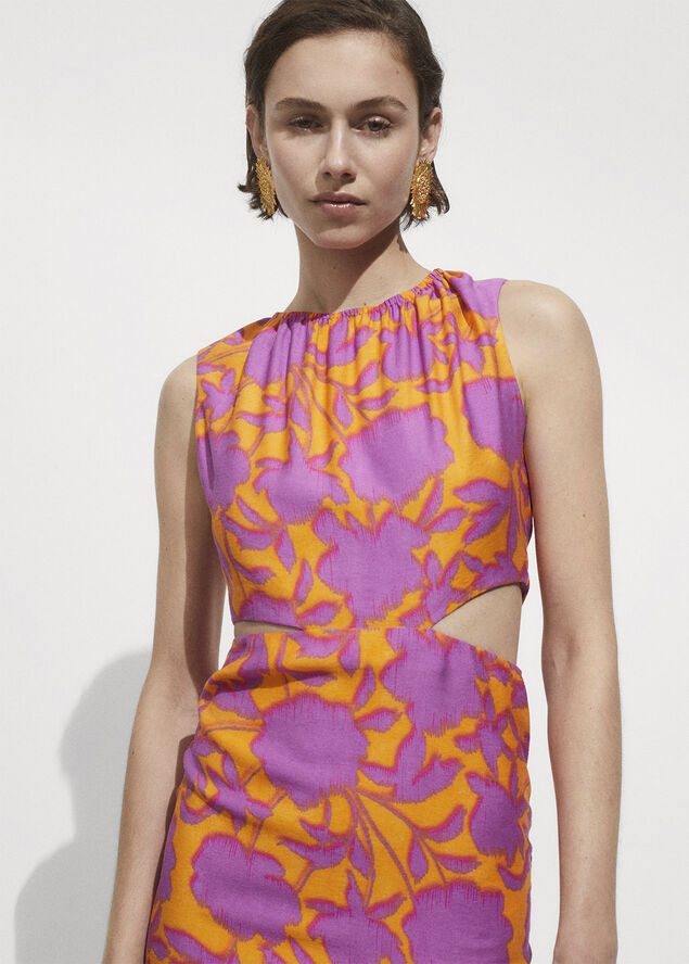 MANGO Printed dress with openings Orange