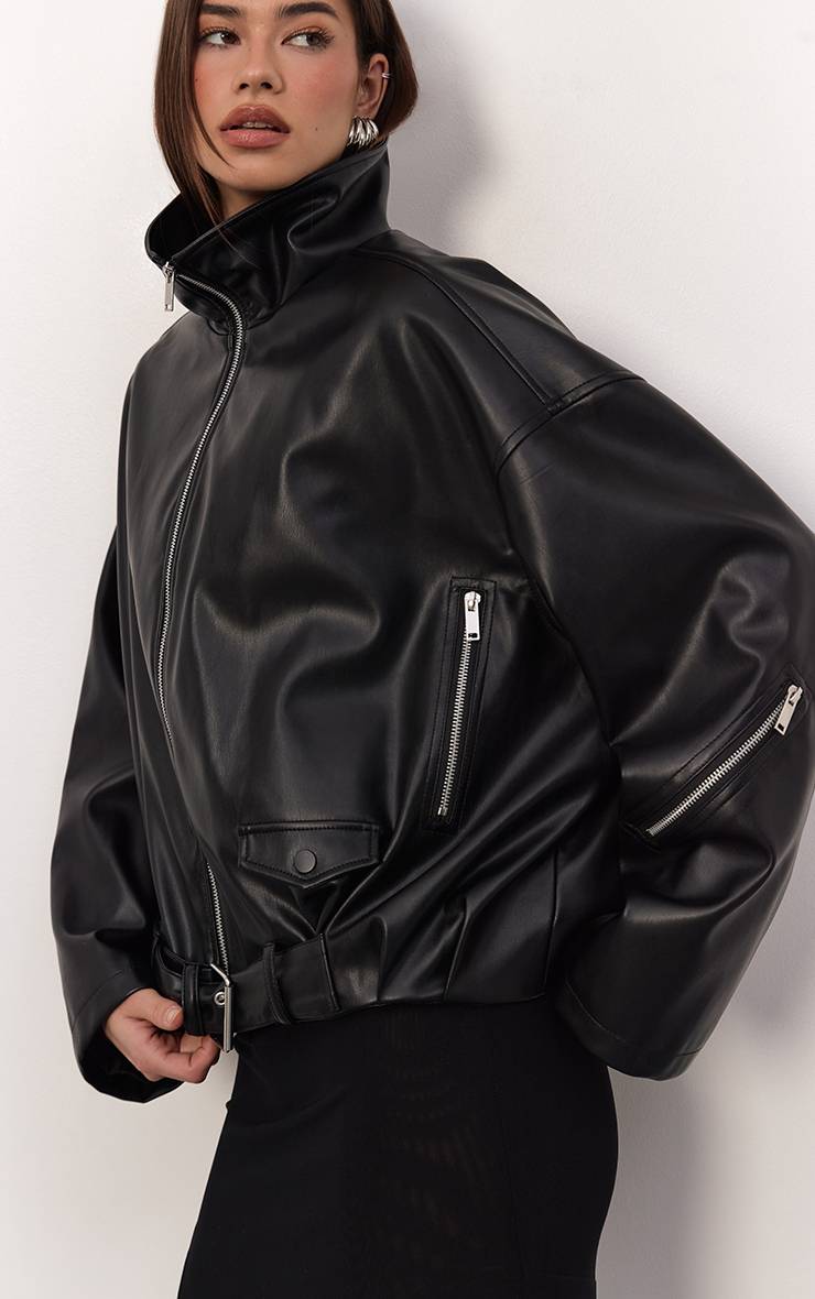 Noir Veste De Motard En Synthétiquecuir Froncé Avec Ceinture Basse