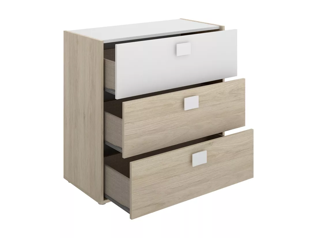 Ensemble chambre à coucher pour enfant complète ( lit enfant 190x90 cm avec 2 tiroirs + table de chevet + commode ) coloris blanc, chêne naturel