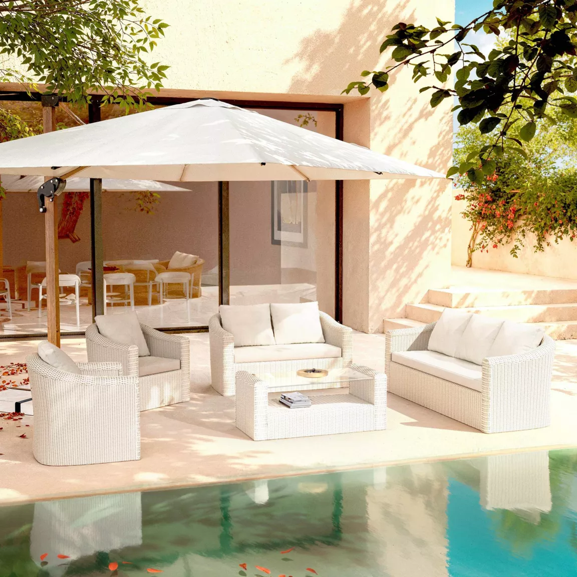 Salon de jardin en résine tressée 7 places 5 pcs Calvi Blanc