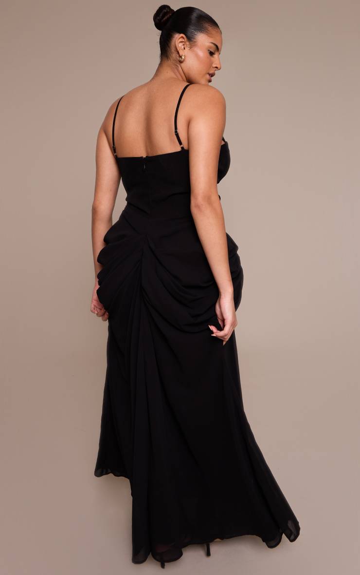 Noir Robe Midi Corset Grande Taille Avec Détails Drapés En Mousseline