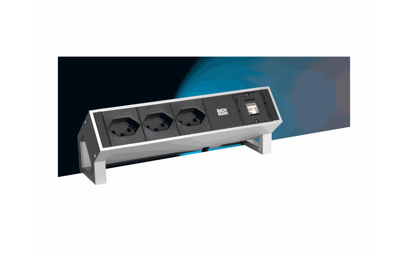 Tischsteckdosenleiste DESK 2 3x T13, 1x ABD<br>Steckdosenleiste, 2x T13 Buchsen 90°, 1x Custom, Inox