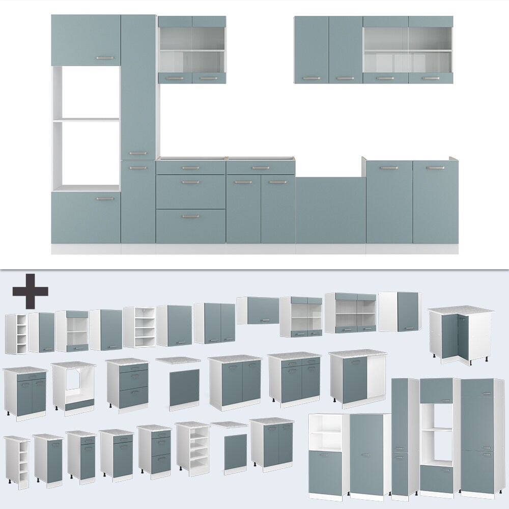 Vicco Küchenzeile R-Line Solid Weiß Blau Grau 350 cm Arbeitsplatte modern Küchenschränke Küchenmöbel