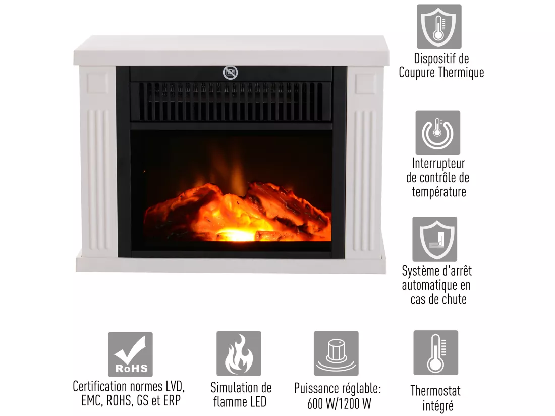Cheminée électrique poêle style contemporain thermostat 600-1200 W blanc
