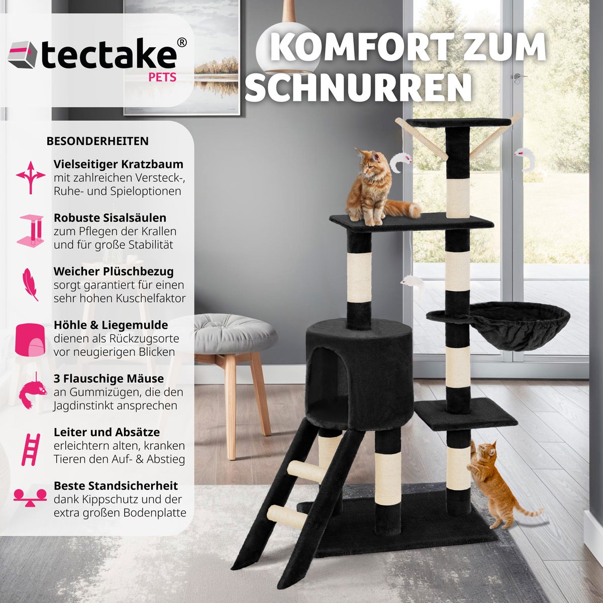 tectake Dominik krabpaal 144 cm inclusief trap, 3 speelgoedmuizen en kantelbeveiliging