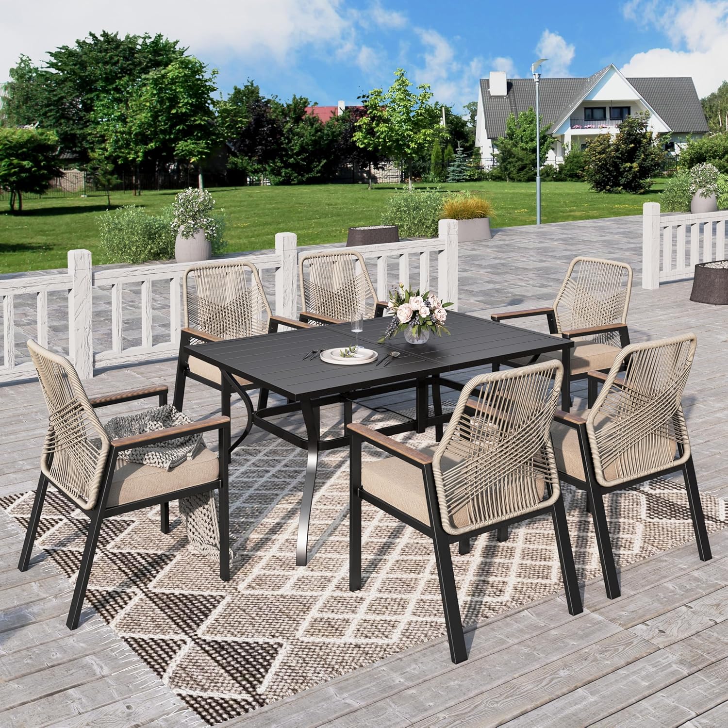 PHI VILLA Gartenmöbel Set Outdoor Balkon Esstisch mit 6 Rattan Stühlen und 1 Rechteckig Metall Gartentisch, 7-teiliges Gartenset Tisch und Stühle für 6, Patio Dining Table Set für Hinterhof Veranda
