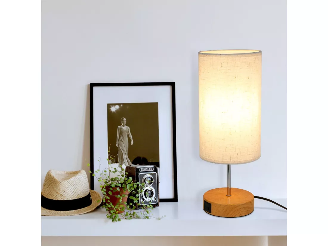 NETTLIFE Lampe de table tactile dimmable E27 abat-jour en tissu moderne avec fonction de chargement USB