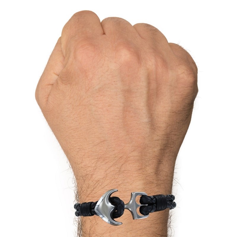 Bracelet Homme Argent Ancre et Cuir Noir Deux Liens Tr?ss?s Ronds - taille 21 cm