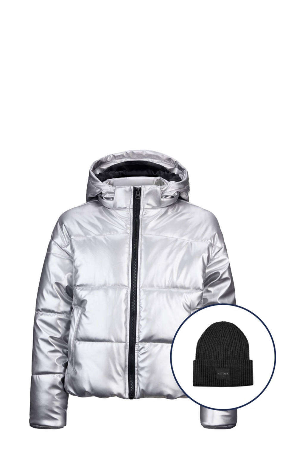 Retour Jeans metallic gewatteerde winterjas Gwen zilver