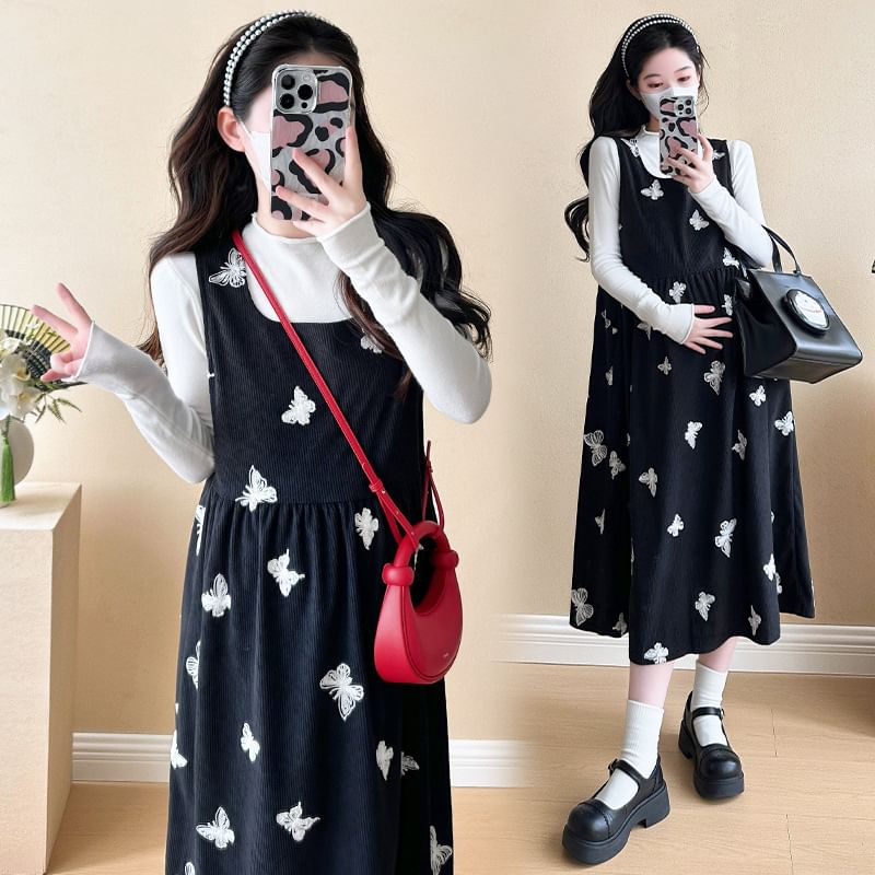 matteira - Zwangerschapsjurk met lange mouwen en mockneck, effen T-shirt / mouwloze midi-A-lijn jurk met vlinderprint