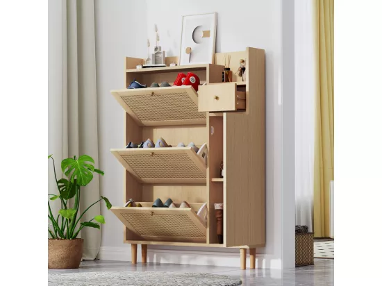 Meuble à chaussures en bois et rotin - 3 portes abattants et 1 tiroir - étagère réglable - Naturel